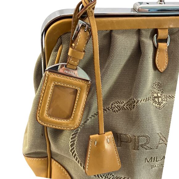 Prada Canapa Jacquard Canvas & Leather Frame Satchel Tote Bag Brown Tan Vintage - Picture 10 of 16